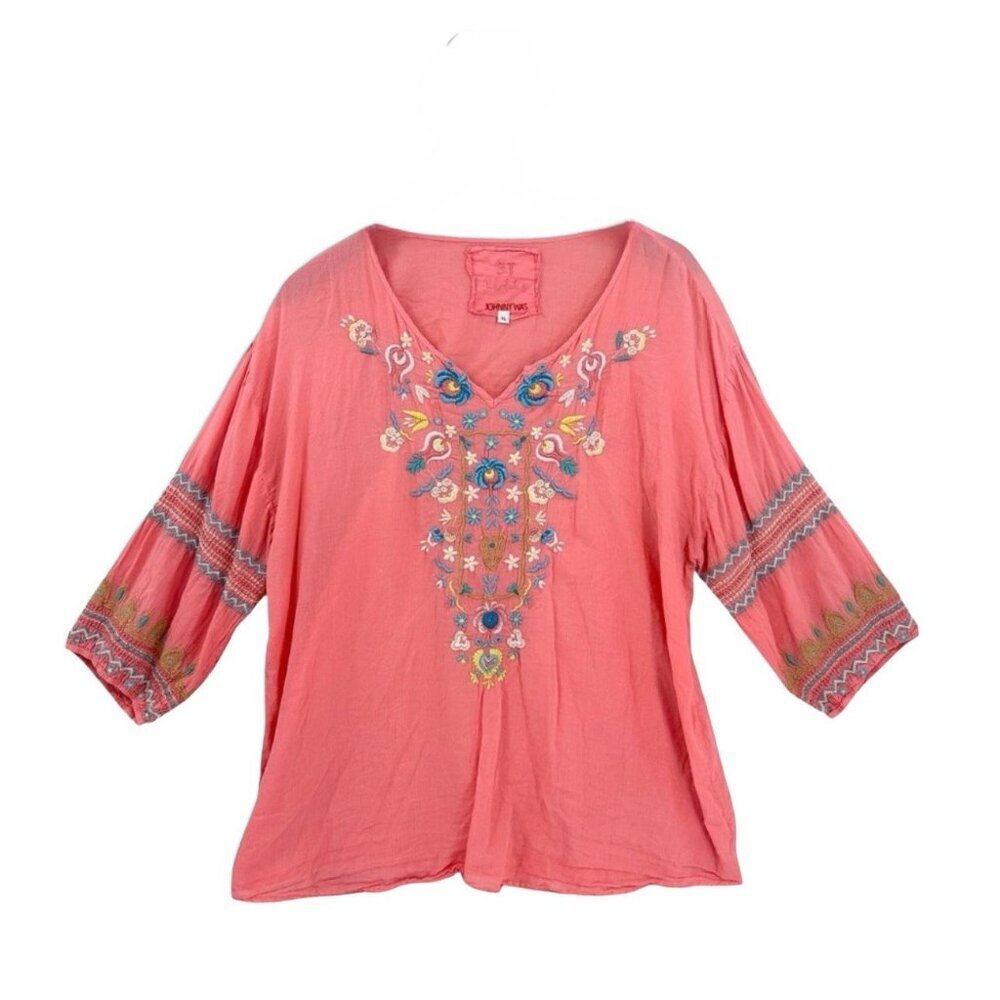 Johnny Was 3J Workshop Coral Pink Embroidered Cotton Boho Blouse Top XL